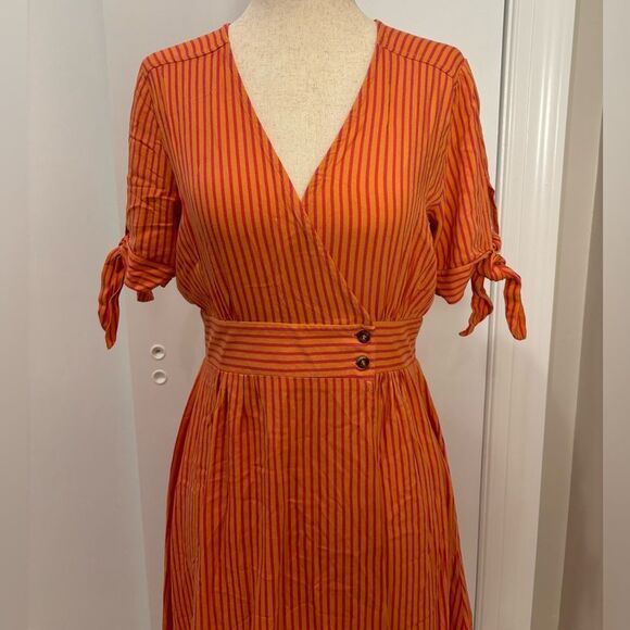 Lulus Sunshine Dreamer Coral Pink Striped Wrap Midi Dress Size S - Picture 3 of 7